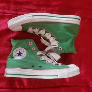 Green and pink high top Converse